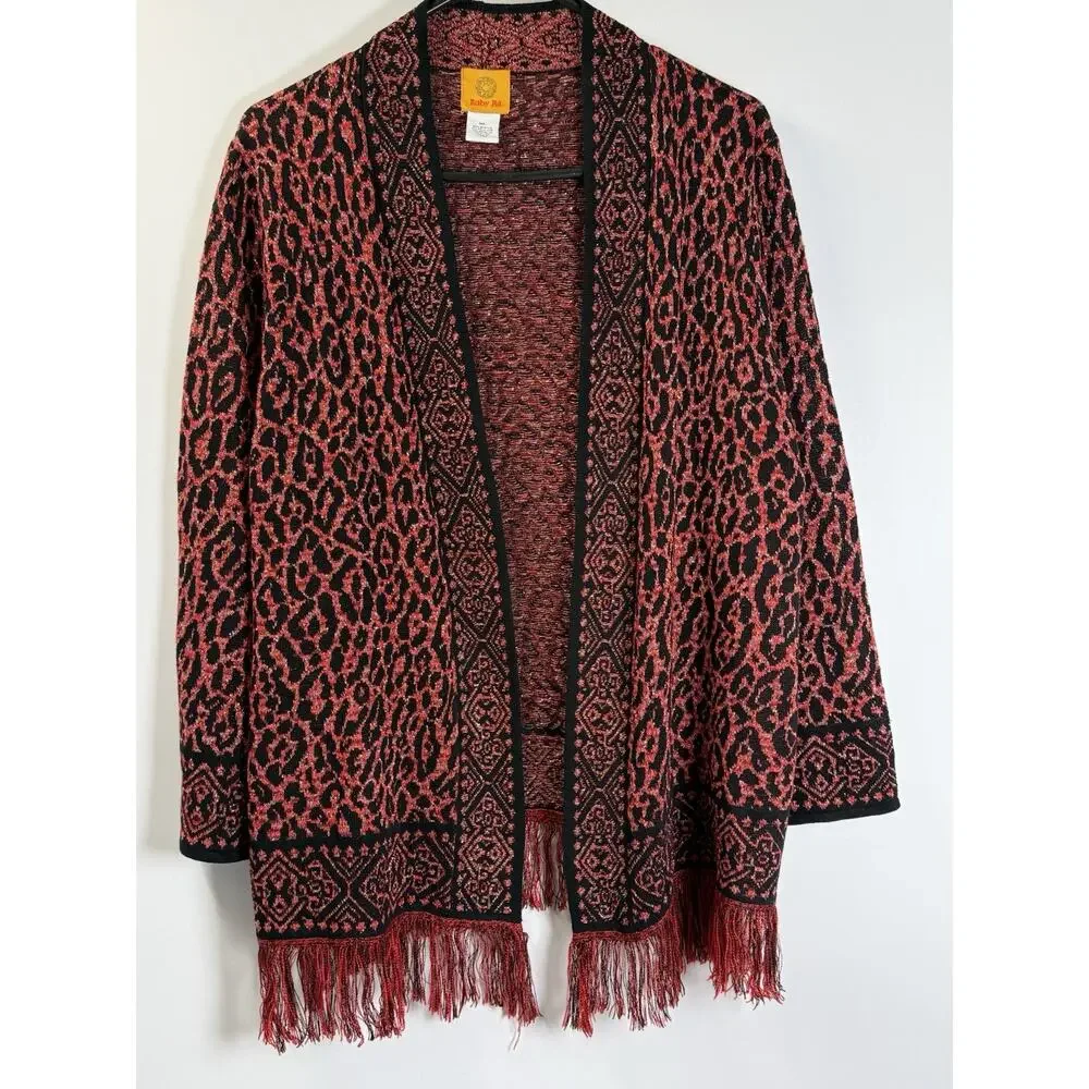 Ruby Rd Open Front Cardigan Sweater Fringe Hem Fall Colors XL Boho Animal Print
